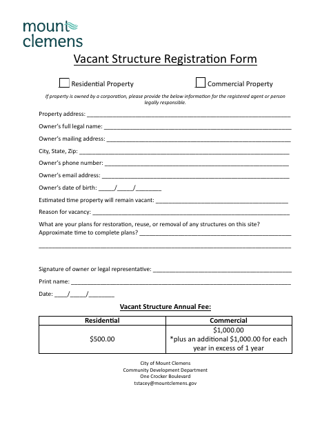 First page of the Vacant Structure Registration Form