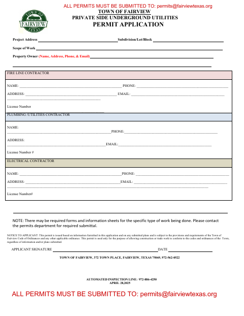 First page of the Private Side Underground Utilities Permit Application