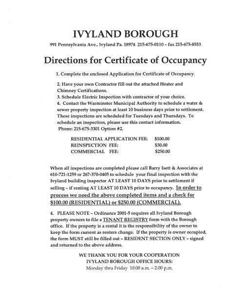 First page of the Certificate of Occupancy Application