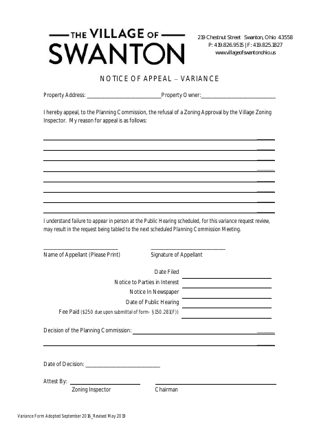 First page of the Notice of Appeal Variance