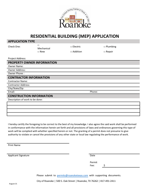 First page of the Residential Building (MEP) Application