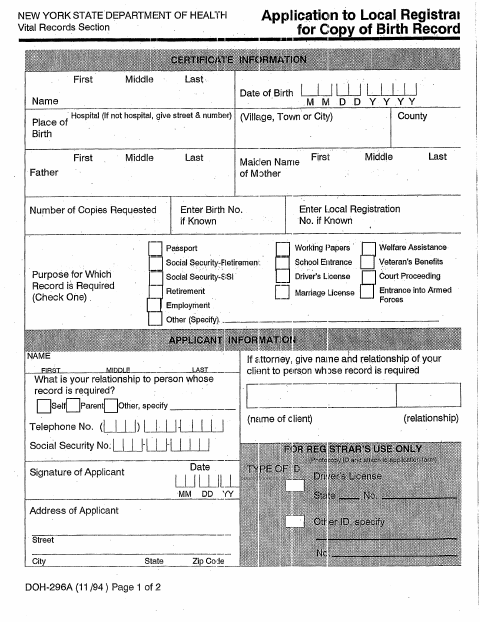 First page of the Application to Local Registrar for Copy of Birth Record