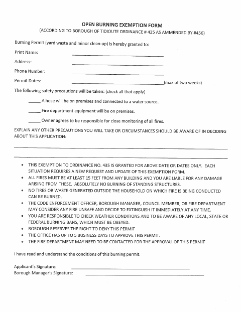 First page of the Open Burning Exemption Form