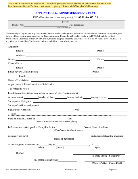 First page of the Minor Subdivision Plat Application