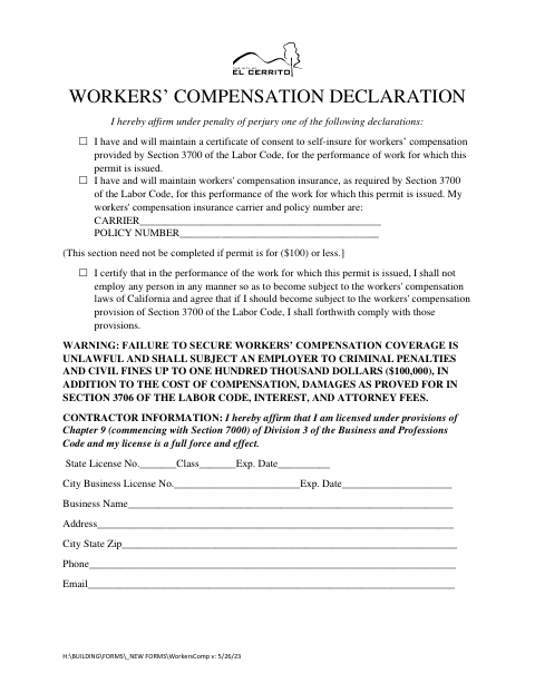 First page of the Workers’ Compensation Declaration