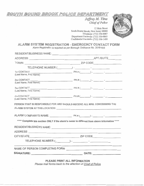 First page of the Alarm System Registration Emergency Contact Form