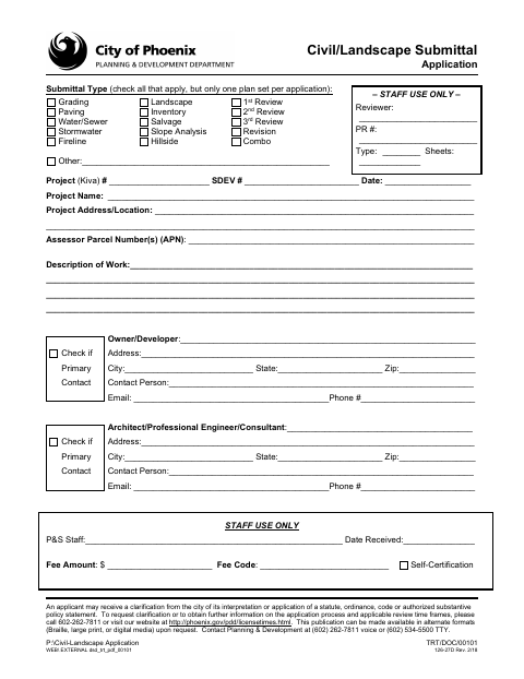 First page of the Civil/Landscape Submittal Application