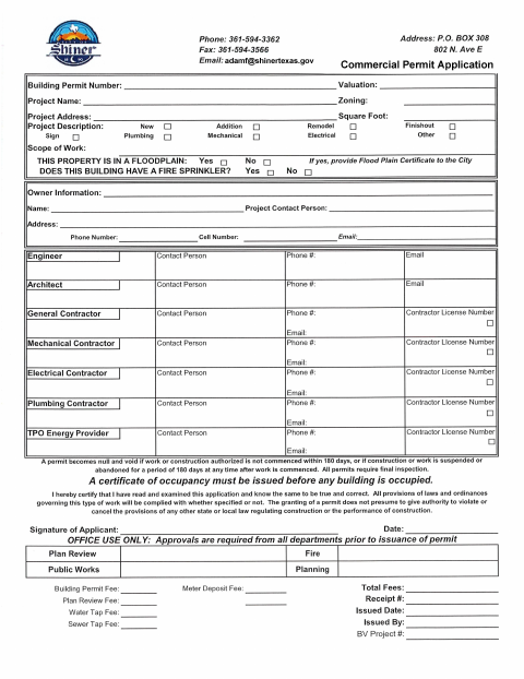 First page of the Commercial Permit Application