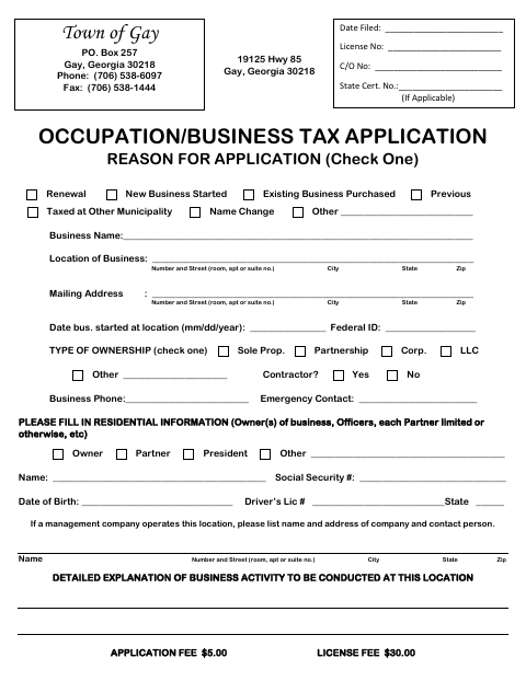 First page of the Occupation/Business Tax Application