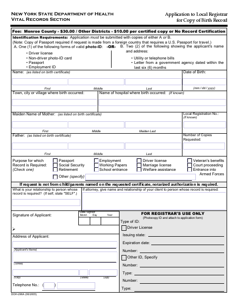 First page of the Application to Local Registrar for Copy of Birth Record