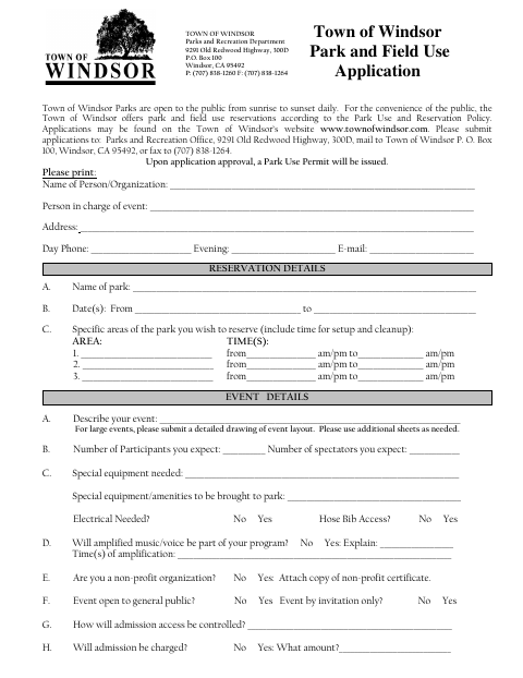 First page of the Park Use Application
