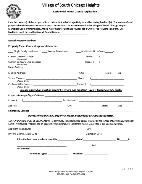 First page of the Residential Rental License Application