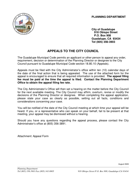 First page of the Appeal to City Council
