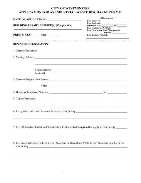 First page of the Industrial Waste Discharge Permit Application