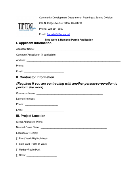 First page of the Tree Work & Removal Permit Application