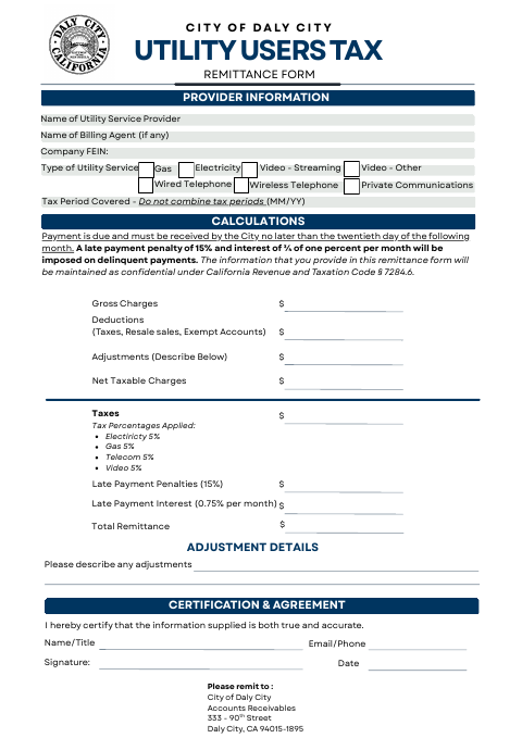 First page of the Utility Users Tax Remittance Form