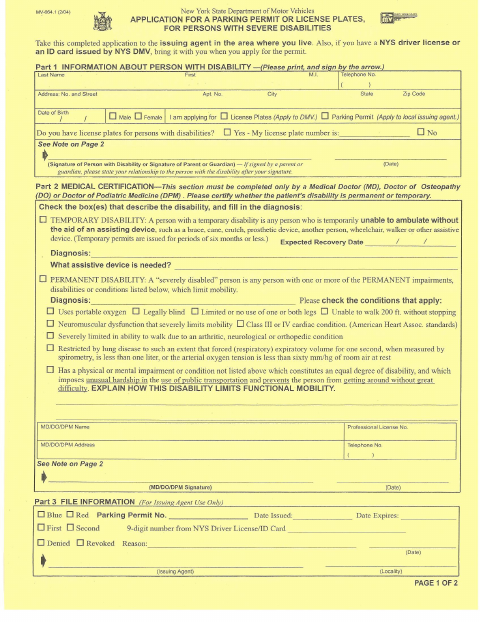 First page of the Handicap Parking Permit Application