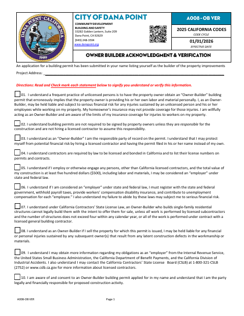 First page of the Owner Builder Verification and Acknowledgment Form