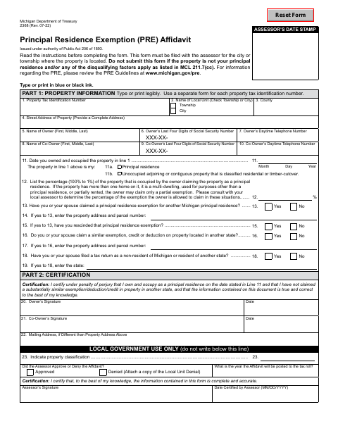 First page of the Principal Residence Exemption (PRE) Affidavit