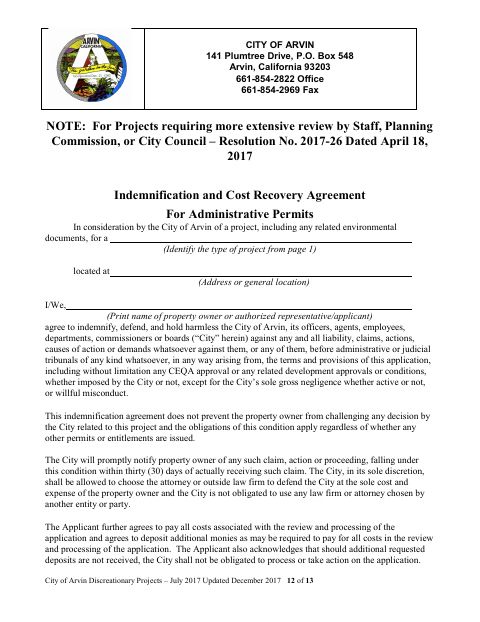 First page of the Indemnification and Cost Recovery Agreement for Administrative Permits