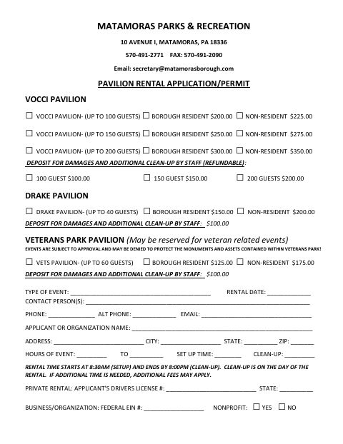 First page of the Pavilion Rental Application/Permit