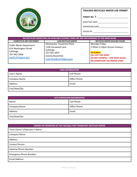 First page of the Trucked Recycled Water Use Permit