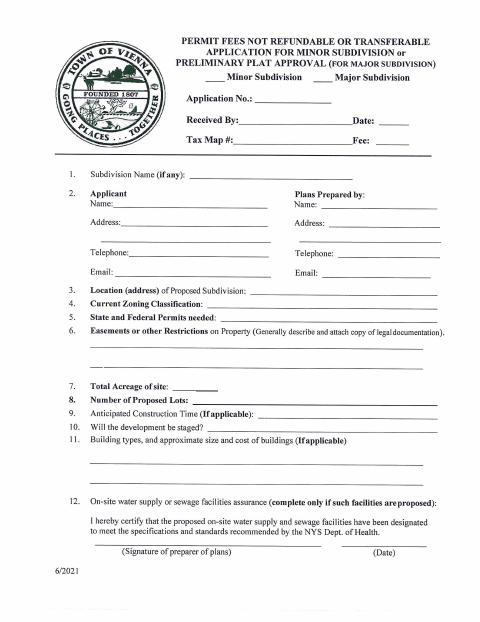 First page of the Subdivision Application