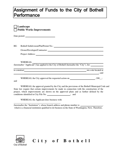 First page of the Assignment of Funds to the City of Bothell Performance Landscape Public Works Improvements