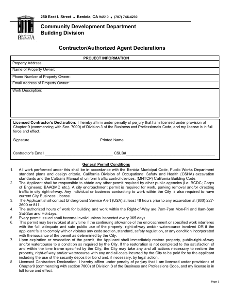 First page of the Contractor/Authorized Agent Declarations