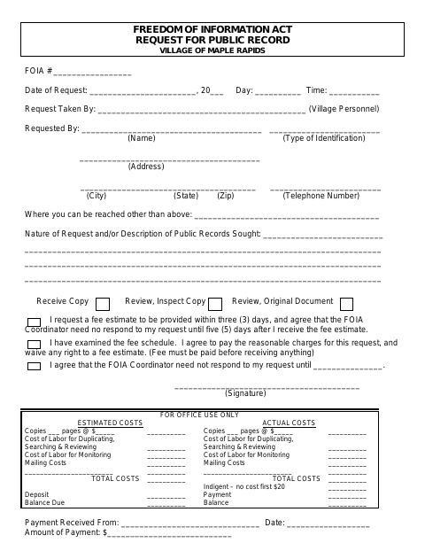 First page of the Freedom of Information Act Request for Public Record