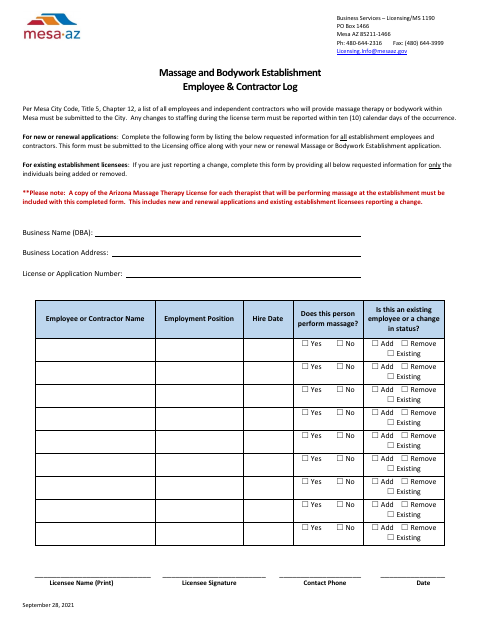 First page of the Massage and Bodywork Establishment Employee & Contractor Log