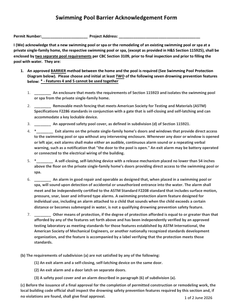 First page of the Swimming Pool Barrier Acknowledgement Form