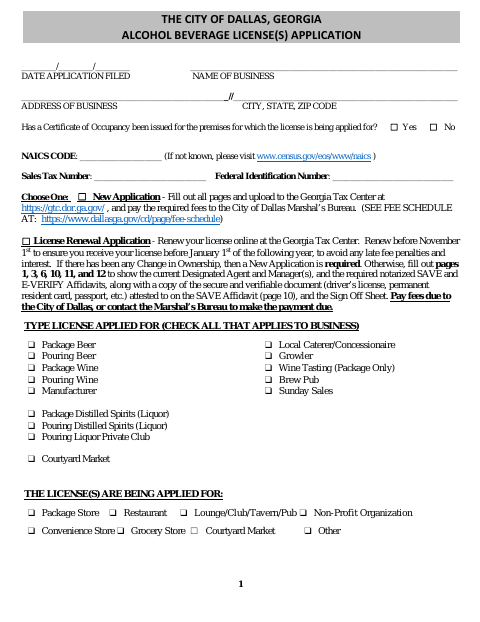 First page of the Alcohol Beverage License(s) Application