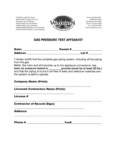 First page of the Gas Pressure Test Affidavit