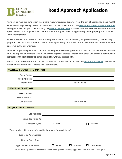 First page of the Road Approach Application
