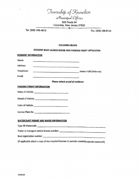 First page of the Columbia Beach Resident Boat Launch Badge and Parking Permit Application