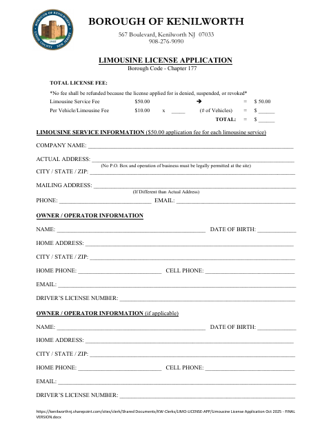 First page of the Limousine License Application