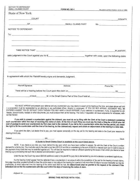 First page of the Small Claims Notice and Affidavit of Service