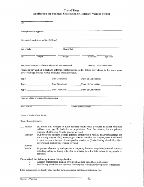 First page of the Application for Peddler, Solicitor, or Itinerant Vendor Permit