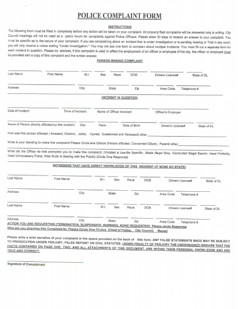 First page of the Police Complaint Form