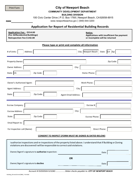 First page of the Application for Report of Residential Building Records