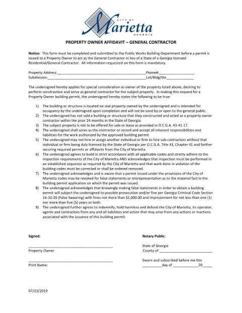 First page of the Property Owner Affidavit – General Contractor