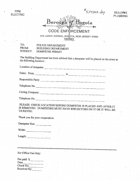 First page of the Dumpster Permit Application