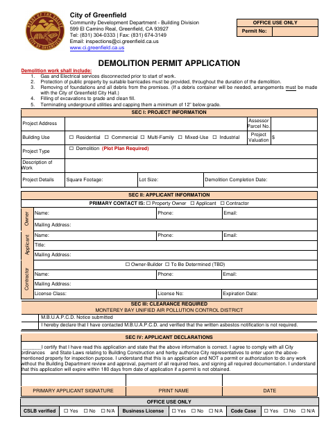 First page of the Demolition Permit Application