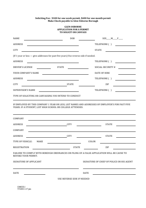 First page of the Application for a Permit to Solicit or Canvass