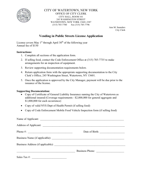 First page of the Vending in Public Streets License Application