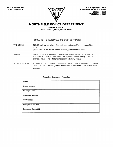 First page of the Request For Police Services By Outside Contractor