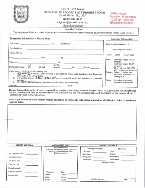 First page of the Open Public Records Act Request Form