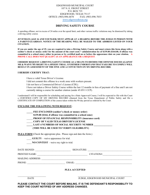 First page of the Driving Safety Course Application