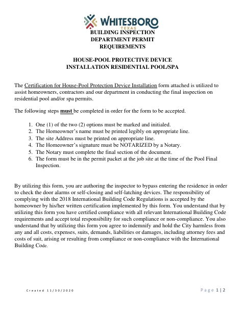 First page of the Certification of House-Pool Protection Device Installation